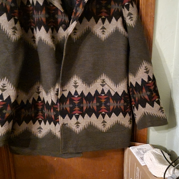 Pendleton Geometric Pattern Pea Coat with Fur Collar - Picture 2 of 2